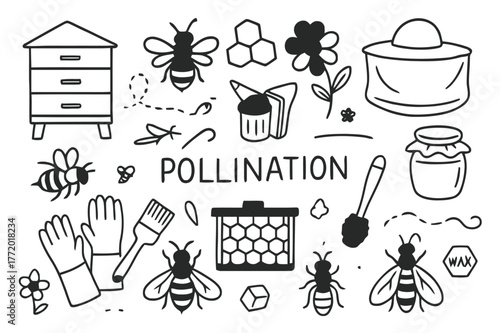 Beekeeping Icons Doodle. Beekeeping and pollination. Hand-drawn doodle illustration beehive, bee, honeycomb, flower, smoker, beekeeper hat, jar of honey,