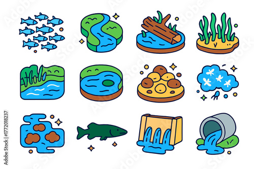Colorful Freshwater Icons. Freshwater shoals. Colorful isometric vector icons set of Freshwater shoals: minnow shoal, river bend habitat, submerged log