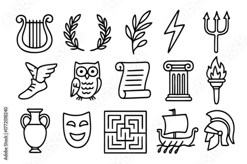 Classical Mythology Icons. Classical mythology in literature. Hand-drawn doodle illustration Classical mythology in literature lyre, laurel wreath, olive