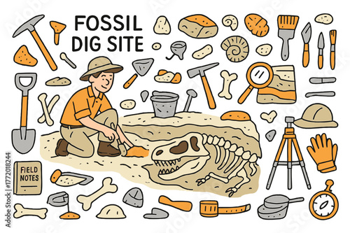 Colorful Fossil Dig. Fossil dig site. Hand-drawn doodle illustration paleontologist (colored), dinosaur skeleton (colored), fossils (colored), excavation tools