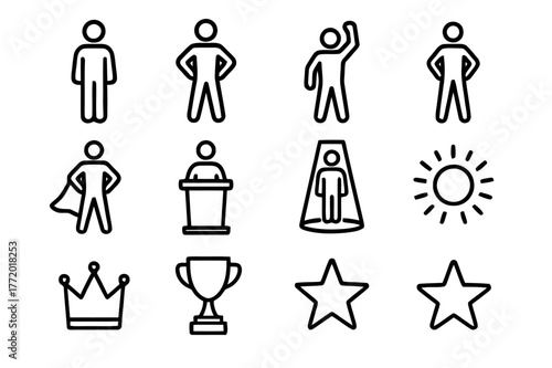 Confident Postures Icons. Body language confidence. Line icon set of body language confidence: person standing tall, arms on hips, raised fist, confident