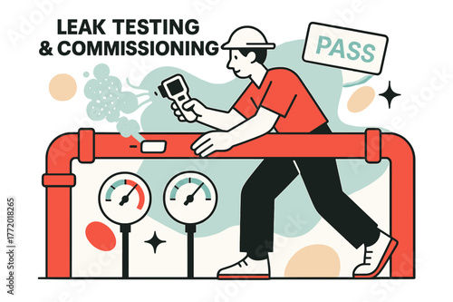Leak Testing Success. Leak Testing & Commissioning. A tech waves a handheld meter; dotted puffs reveal a tiny leak that gets sealed with a tidy patch. Floating
