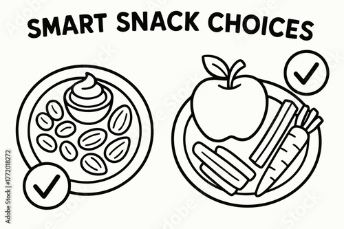 Smart Snack Choices. Smart snack choices children?s coloring book illustration, outlined drawing, two small plates showing nuts, yogurt, fruit, and veggie