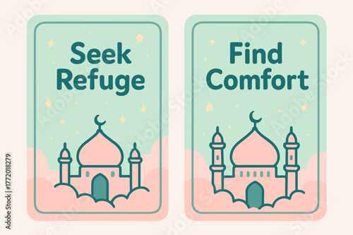 Seek Refuge, Find Comfort. Refuge in Him. Two vertical A6 banners with safe margins, centered composition, no elements touching edges, cartoon, pastel mint and