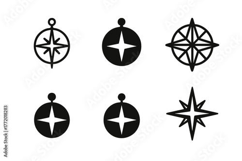 North Pole Logo Variations. Pole. Set Logo of Pole: North Pole compass star. Icon set. harmonious logo variations of the same emblematic concept, each with