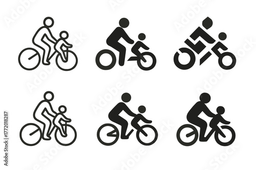 Family Biking Logos. Family biking. Set Logo of Family biking: parent and child on bikes. harmonious logo variations of the same emblematic concept, each with