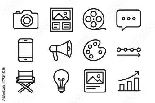 Visual Marketing Icons. Visual storytelling in marketing through images and videos. Line icon set of visual storytelling: camera, storyboard, film reel, speech