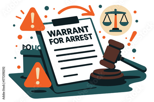 Arrest Warrant Illustration. Warrant for arrest. Police desk with arrest warrant document, gavel, and abstract floating exclamation marks and legal icons;