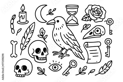 Raven and Skulls Doodle. Raven and skulls. Hand-drawn doodle illustration Raven and skulls human skull, crow skull, feather, candle, bone, rose, branch,