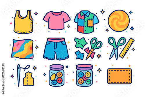 Colorful Upcycled Clothing Icons. Upcycled clothing ideas. Colorful isometric vector icons set of Upcycled clothing ideas: cut-sleeve tank top, crop tee,