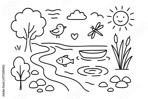 Tranquil River Doodle. River calmness. Hand-drawn doodle illustration river calmness flowing water, rocks, tree, leaf, fish, boat, reeds, dragonfly, bird,