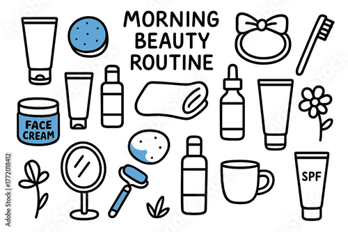 Morning Beauty Essentials. Morning beauty routine. Hand-drawn doodle illustration morning beauty routine face cream jar (accented), cleanser tube, cotton pad
