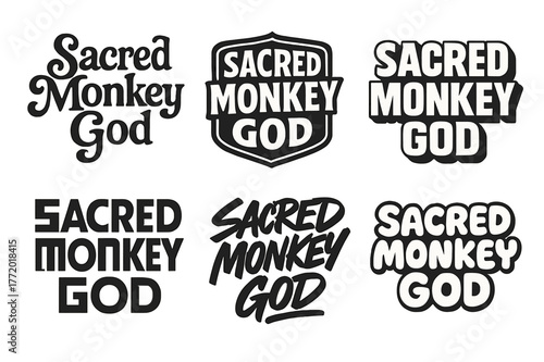 Sacred Monkey Lettering Grid. Sacred Monkey God. Set lettering. harmonious lettering variations of the same emblematic concept (Whimsical curly type with