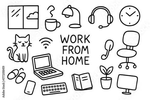 Cozy Home Workspace. Work from home. Hand-drawn doodle illustration work from home laptop, cat, mug, slippers, window, lamp, headset, chair, notebook, clock,