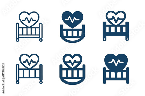 Baby Monitor Logos. Baby monitor. Set Logo of Baby monitor: heart pulse over crib icon. harmonious logo variations of the same emblematic concept, each with