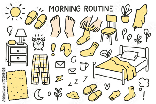 Cozy Morning Essentials. Morning routine. Hand-drawn doodle illustration slippers (colored), feet (colored), hands (colored), socks (colored), chair (colored),