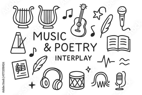 Harmony of Music and Poetry. Music and poetry interplay. Hand-drawn doodle illustration Music and poetry interplay lyre, harp, guitar, microphone, musical