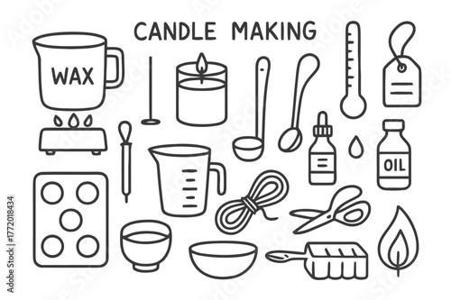 Candle Making Essentials. Candle making. Hand-drawn doodle illustration Candle making wax pot, wick, jar, thermometer, ladle, label tag, dropper, essential