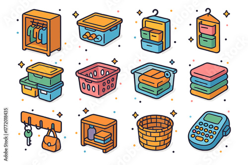 Colorful Storage Icons. Home organization storage. Colorful isometric vector icons set of Home organization storage: wardrobe, shoe rack, under-bed box,