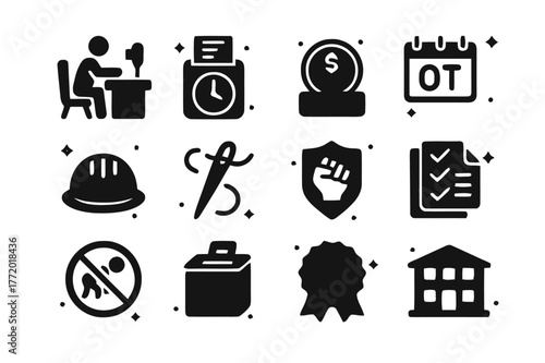 Labor Ethics Icons. Labor and ethics. Solid icons set of labor and ethics: sewing worker, timecard clock, low wage coin, overtime calendar, safety helmet,