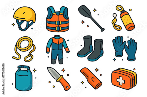 Whitewater Gear Icons. Whitewater gear essentials. Colorful isometric vector icons set of Whitewater gear essentials: rafting helmet, PFD life jacket, carbon