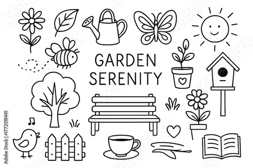 Serene Garden Doodles. Garden serenity. Hand-drawn doodle illustration garden serenity flower, leaf, watering can, butterfly, bee, sun, bench, potted plant,