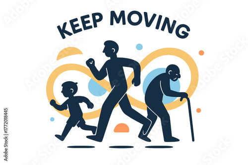 Generational Harmony. Longevity & Vitality. Generations of silhouettes move in rhythm?child, adult, elder?all connected by a glowing infinity loop. ?Keep