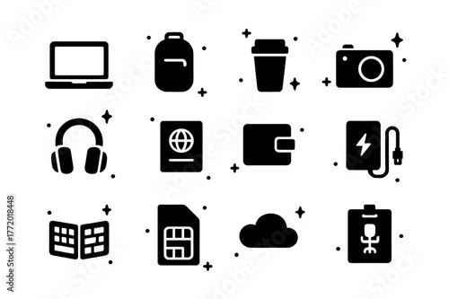 Digital Nomad Icons. Digital Nomad Minimalist Groups. Solid icons set of Digital Nomad Minimalist Groups: laptop, slim backpack, travel mug, compact camera,