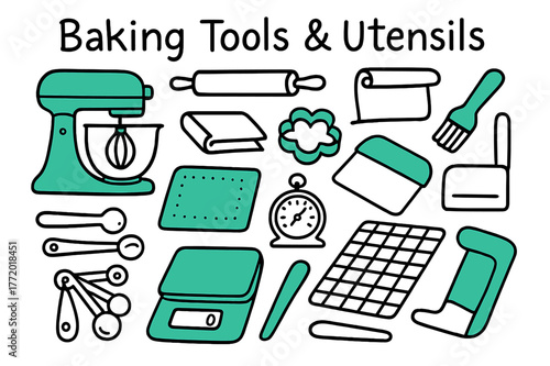 Baking Tools Doodle. // Baking tools & utensils. Hand-drawn doodle illustration Baking tools & utensils [stand mixer (accented), rolling pin, pastry brush
