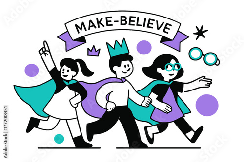 Dress-Up Parade Fantasy. Playroom ? Dress-up parade. Capes flutter like clean vector flags; crowns and glasses orbit in playful rings. A ribbon announces