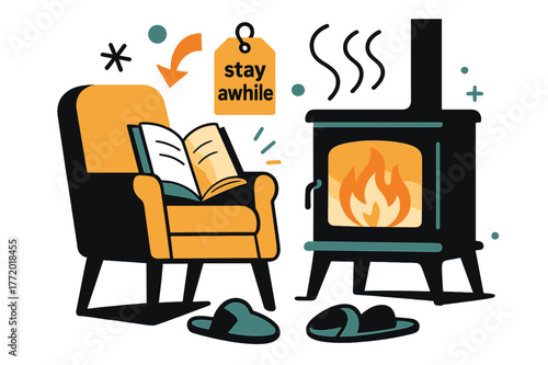 Cozy Hearth Reading. Keeper of the Hearth ? Quiet Read by the Stove. A chair, a book, and slippers rest in perfect calm; page edges glow with firelight. Tag