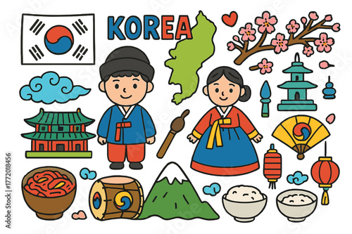 Korean Culture Doodle Art. Korea. Colorful Hand-drawn doodle Children illustration Korea Korean flag, hanbok dress, palace, mountain, cherry blossom, kimchi
