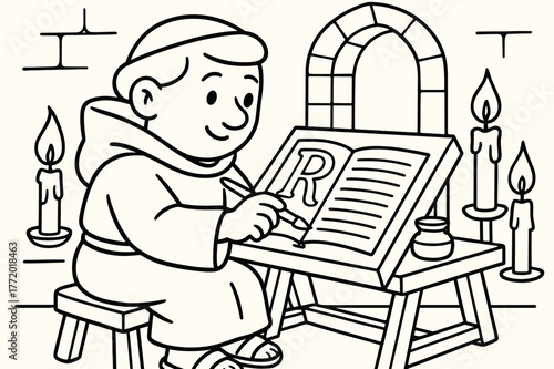 Monk's Manuscript Coloring. Medieval art children?s coloring book illustration, outlined drawing, monk painting colorful manuscripts at a desk with candles,