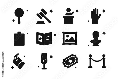 Art Auction Icons. Attending an art auction. Solid icons set of Attending an art auction: auction paddle, gavel, auctioneer podium, bidding hand, lot card,