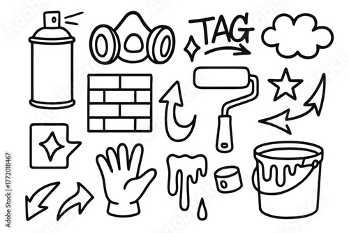 Street Art Icons. Street art. Hand-drawn doodle illustration street art spray can, mask, brick wall, roller, tag symbol, stencil, cap, cloud, arrow, paint