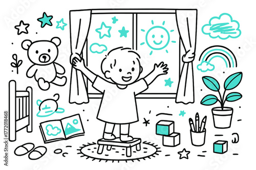 Child's Sunny Awakening. Child opening curtains. Hand-drawn doodle illustration child opening curtains [small figure arms wide (accented), plush toy