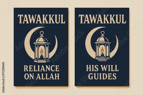 Reliance and Guidance. Tawakkul. Two vertical A6 banners with safe margins, centered composition, no elements touching edges, bold, navy and beige, lantern