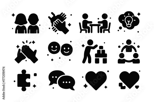 Collaborative Play Icons. Collaborative Play. Solid icons set of Collaborative Play: two children, teamwork hands, shared table, bucket of blocks, idea cloud,