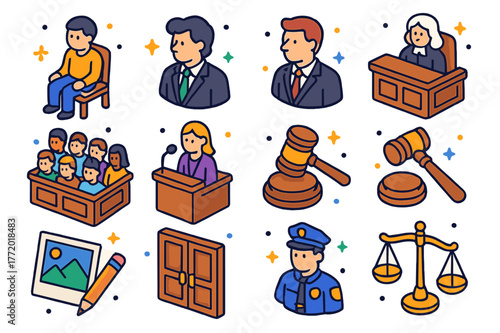 Criminal Trial Icons. Criminal trial scene. Colorful isometric vector icons set of Criminal trial scene: defendant in chair, defense attorney, prosecutor,