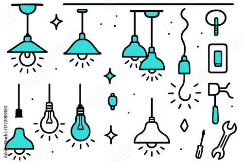 Pendant Lights Doodle. // Pendant lights. Hand-drawn doodle illustration Pendant lights [hanging lamp (accented), trio pendants (accented), bulb shapes
