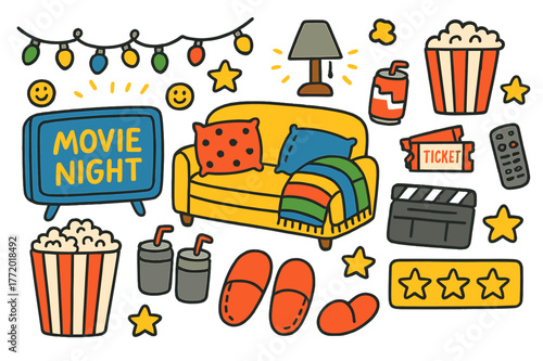 Cozy Movie Night. Movie night at home. Colorful Hand-drawn doodle Children illustration Movie night at home TV screen, remote control, popcorn bucket, cozy