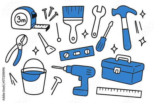 DIY Doodle Tools. // Home improvement tools. Hand-drawn doodle illustration Home improvement tools [tape measure (accented), paintbrush (accented),