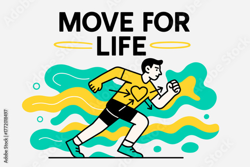 Energetic Movement Illustration. Why We Need to Exercise. A dynamic figure runs through abstract waves of energy; ?Move for Life? floats above glowing rhythm