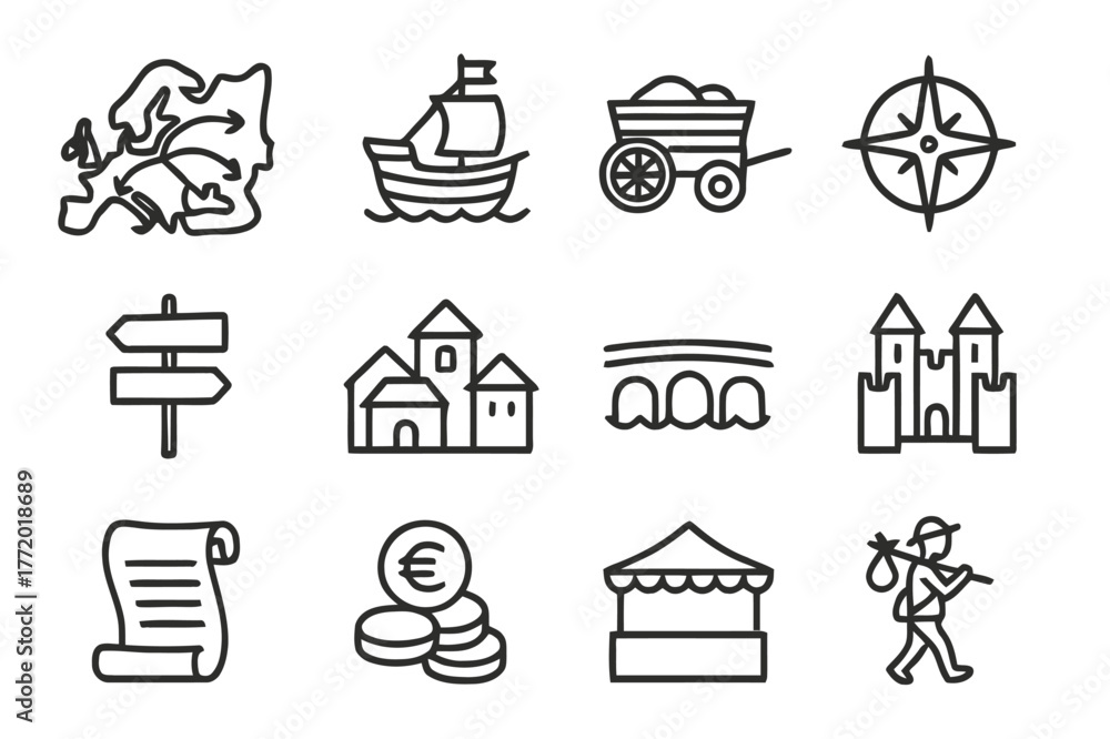 Naklejka premium European Trade Routes Icons. Trade routes of Europe. Line icon set of European trade routes: map, ship, cart, compass, road sign, town, bridge, castle, scroll,