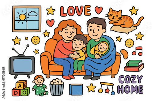 Cozy Family Evening. Family moments. Colorful Hand-drawn doodle Children illustration Family moments couch, television, popcorn, hugs, baby, blanket, heart,