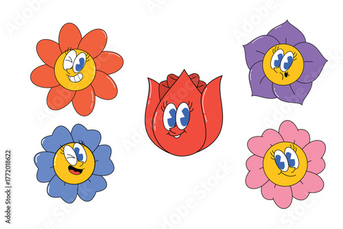 Groovy Cartoon Flower Character Icon Set with Trendy Retro Style