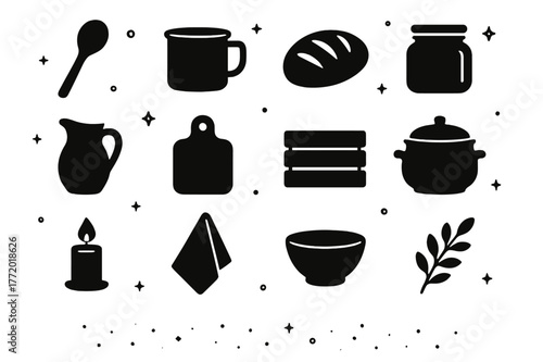 Farmhouse Kitchen Icons. Farmhouse Kitchen Decor. Solid icons set of Farmhouse Kitchen Decor: wooden spoon, enamel mug, bread loaf, jar, milk jug, cutting