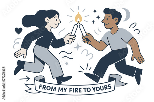 Passing the Flame. Keeper of the Hearth ? Passing the Flame. Two figures touch candles tip-to-tip; a soft spark bridges the light. Ribbon reads ?from my fire