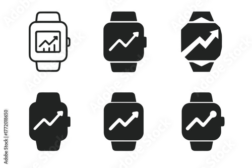 Sports Tracking Logos. Sports performance tracking. Set Logo of Sports performance tracking: smartwatch face with rising chart. harmonious logo variations of