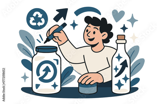 Creative Upcycling Design. Upcycling and creative reuse of materials. Person decorating home items from discarded jars and bottles with abstract floating